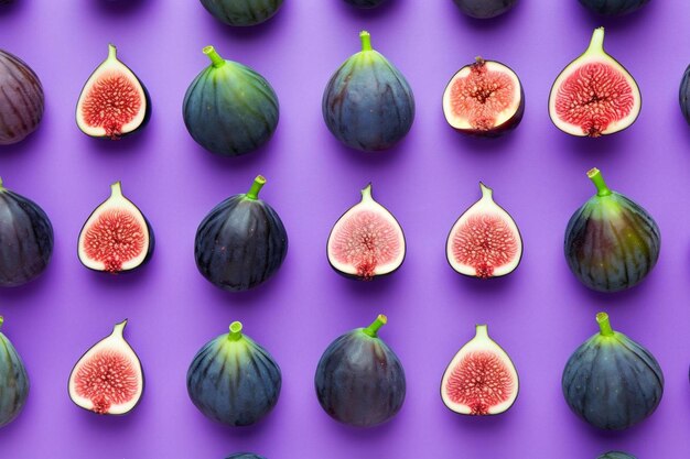 Photo colorful fruit pattern of fresh figs on purple pastel background