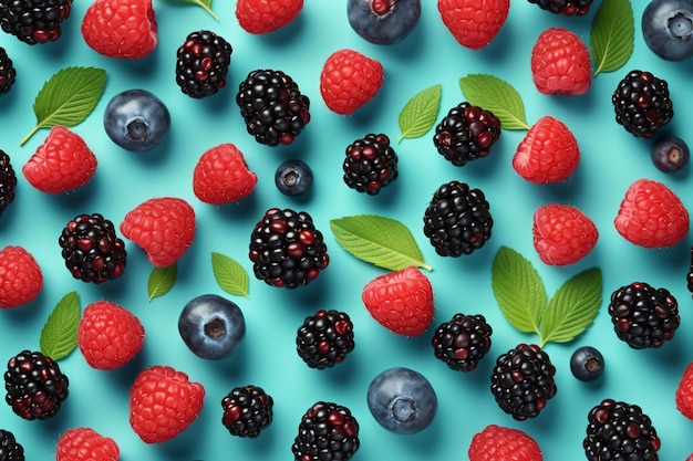 Colorful fruit pattern of wild berries on blue background Raspberries blueberries and blackberries