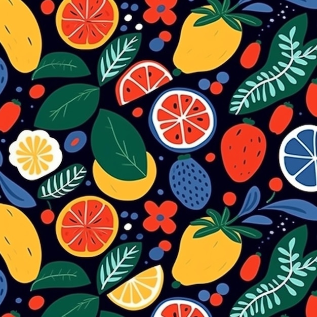 A colorful fruit pattern with leaves and berries on a black background generative ai