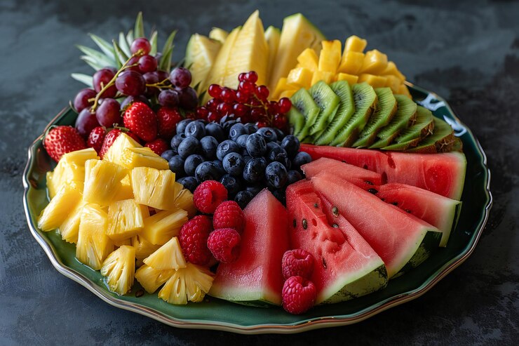 Colorful Fruit Platter with Fresh Berries Pineapple and Watermelon Healthy Snack and Vibrant