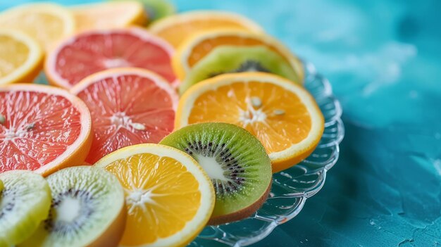 Colorful fruit platter with neatly arranged slices of citrus and kiwi