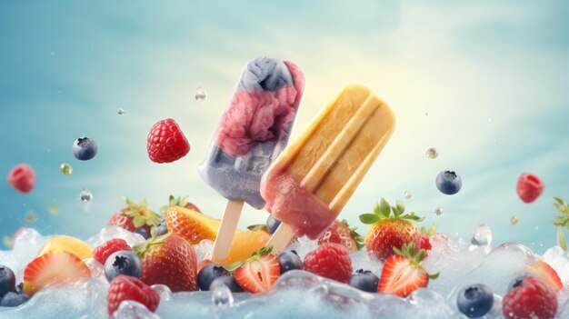 A colorful fruit popsicle with strawberries blueberries and raspberries Generative ai