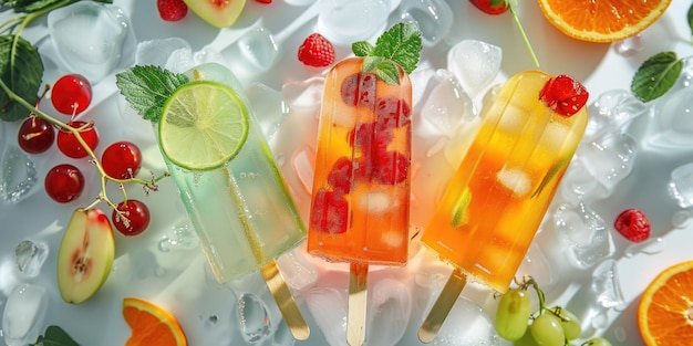 사진 여름 컨셉에 완벽한 얼음 침대에 다채로운 과일 팝시클
