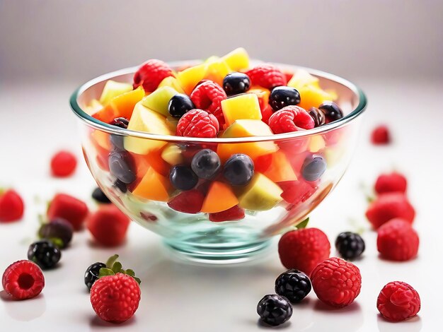 Colorful Fruit salad in glass bowl White Background Ai generated