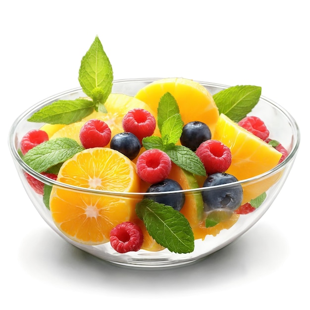 Photo colorful fruit salad in glass dish juicy chunks spinning mint leaves fluttering juice splashing food