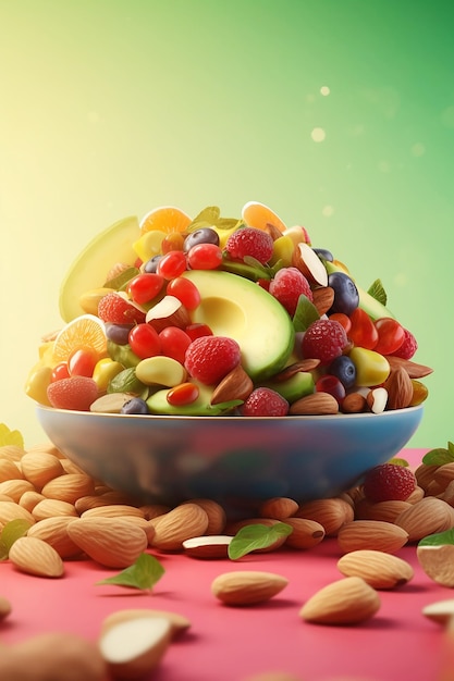 Colorful fruit salad on green background