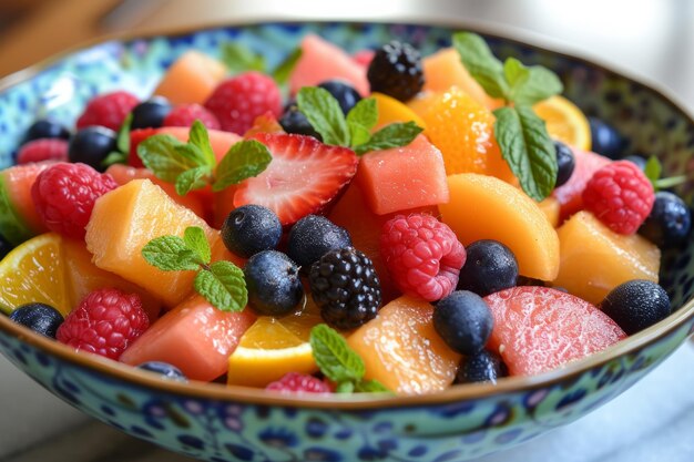 Colorful fruit salad a medley of citrus melons and berries bursting with freshness
