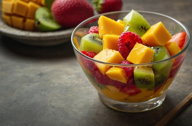 A colorful fruit salad with mango chunks and a g