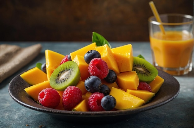 A colorful fruit salad with mango chunks and a glass o