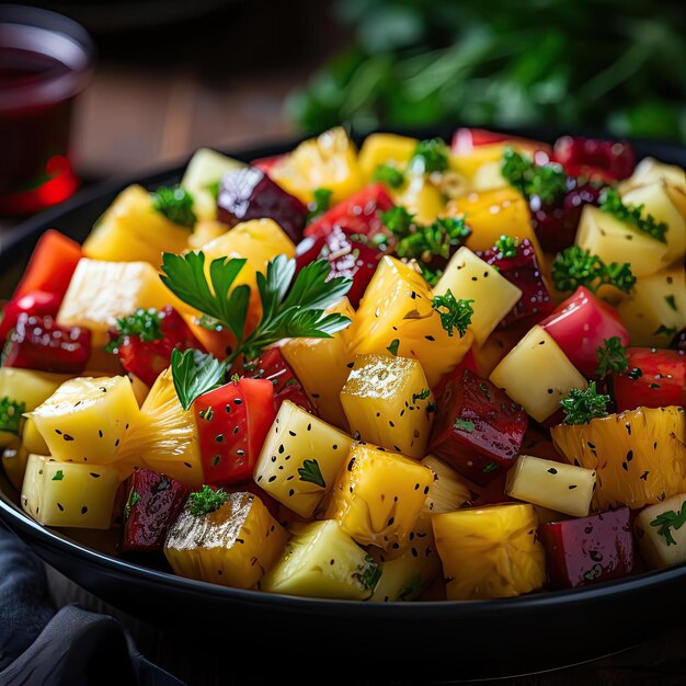 Colorful fruit salad with parsley in a black bowl