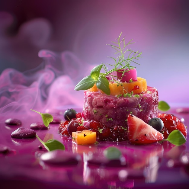 Photo a colorful fruit salad with a purple background and a purple background