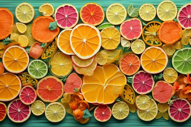 Colorful fruit slices arranged artistically on a textured surface