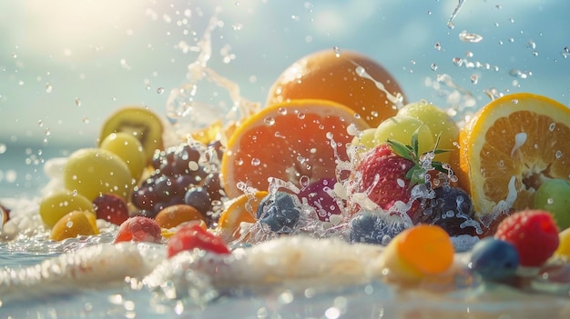 Photo colorful fruit splash on beach background