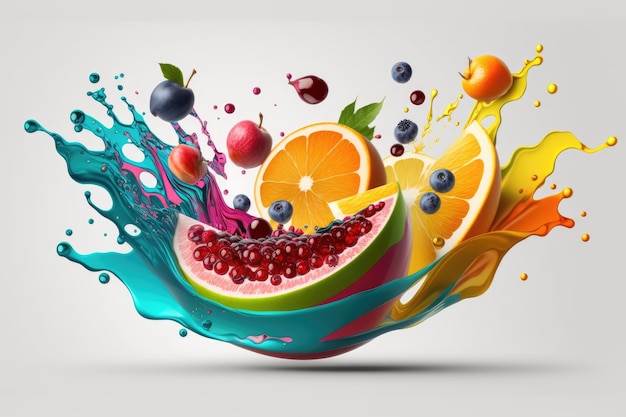 A colorful fruit splashing into a blue liquid with a splash of fruit.