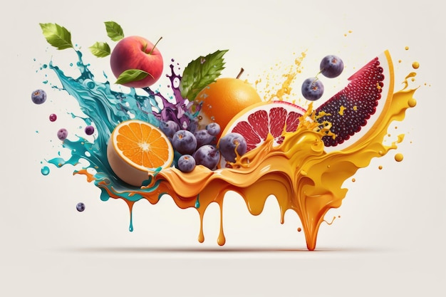 액체에 튀는 다채로운 과일.