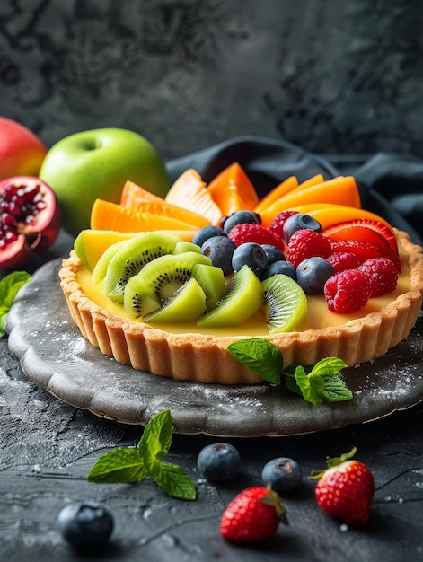 A colorful fruit tart with fresh berries kiwi and peach slices on a rustic wooden table