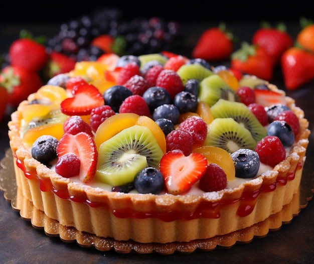 A colorful fruit tart with a sweet glaze