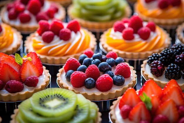 Foto torte di frutta colorate in una vetrina luminosa