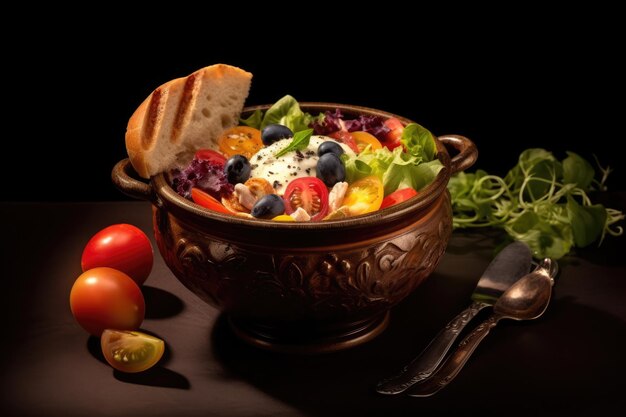 Colorful Fruit and Vegetable Salad in a Bronze Bowl