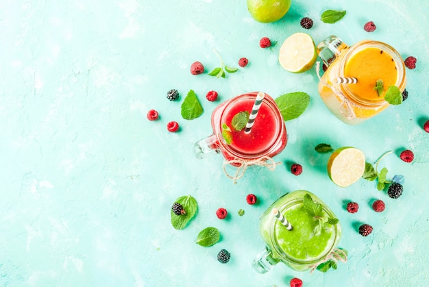 Colorful fruit and veggie smoothies