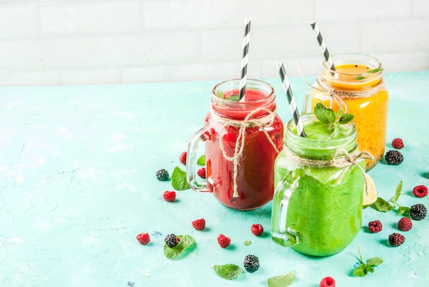 Colorful fruit and veggie smoothies