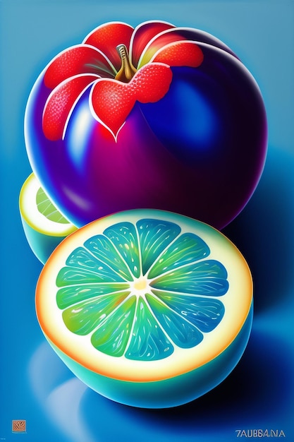 A colorful fruit with a red ribbon on it