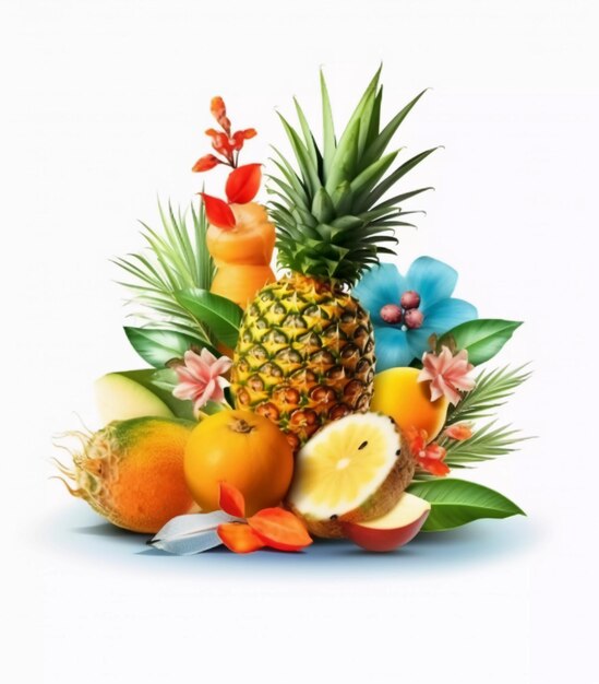 A colorful fruit with tropical leaves and flowers generative ai