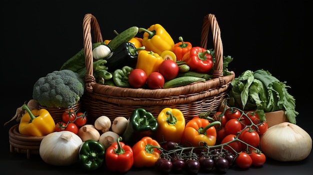 Colorful fruits and vegetables decorated in a handwoven basket