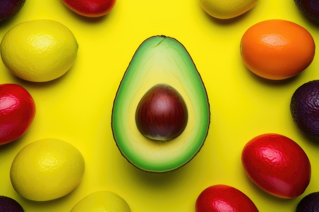Colorful fruits and vegetables on a yellow background flat lay generative ai