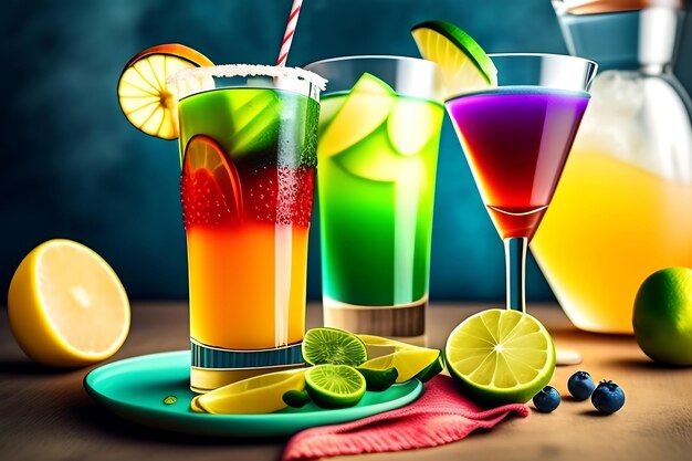 Colorful fruity cocktail Alcoholic martini Margarita with lime and ice