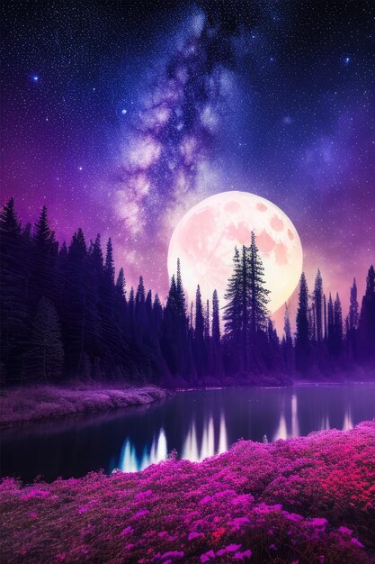 Colorful full moon and forest landscape used for decorative painting purple landscape