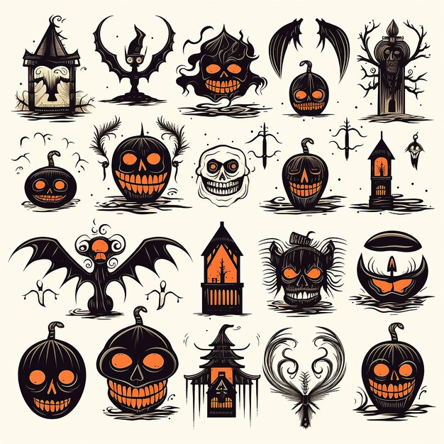 Photo colorful fun and spooky halloween icon sheet