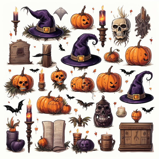 Photo colorful fun and spooky halloween icon sheet