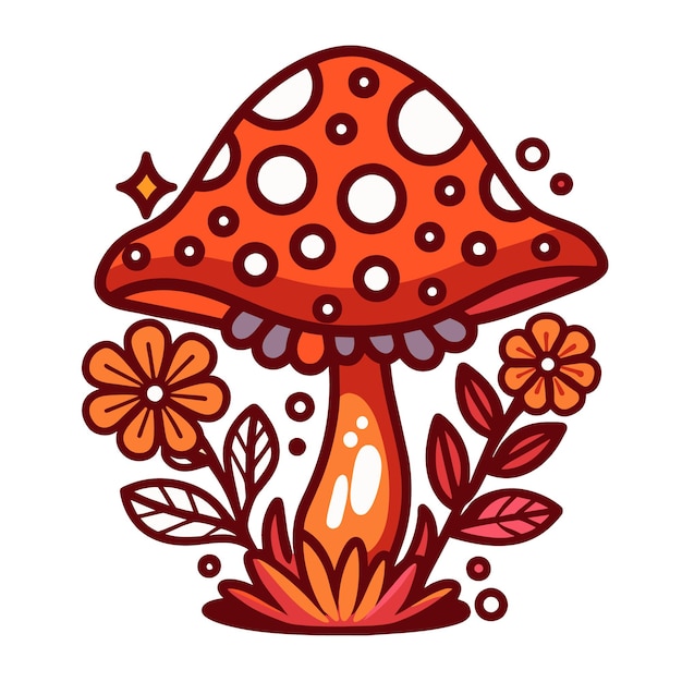 Colorful funky mushroom with psychedelic patterns and flowers reminiscent of hippie and disco eras