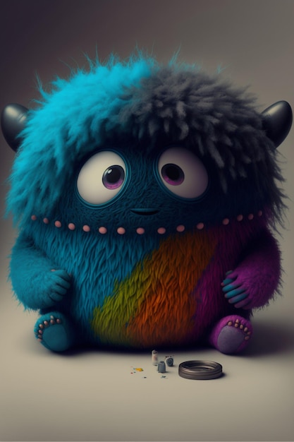 Colorful furry monster sitting next to a coin generative ai