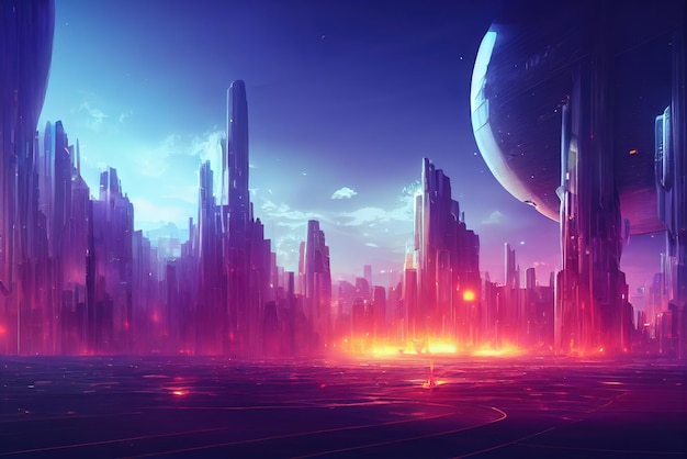 Colorful futuristic Cyberpunk metaverse city background Concept art Digital painting