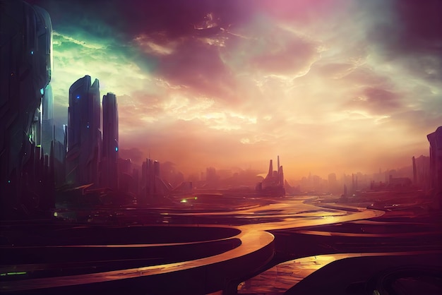 Colorful futuristic Cyberpunk metaverse city background Concept art Digital painting