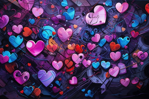 Colorful futuristic painting hearts pattern background valentines day card