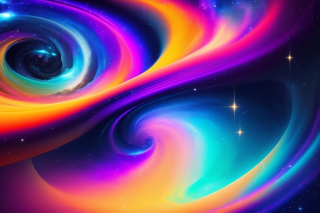 A colorful galaxy background with a colorful swirl and stars.