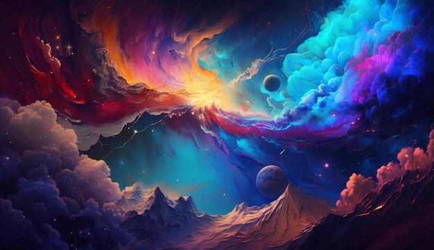 A colorful galaxy wallpaper with a planet and mountains in the background