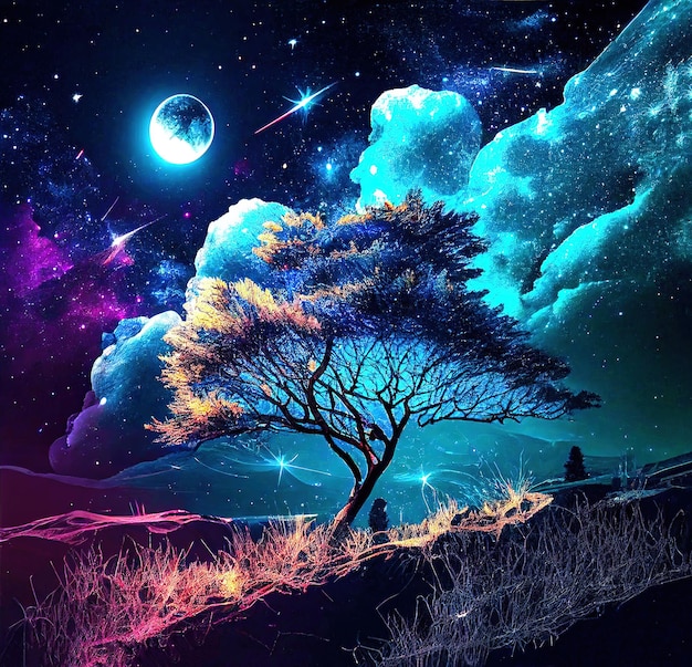 A colorful galaxy wallpaper with a tree and the moon