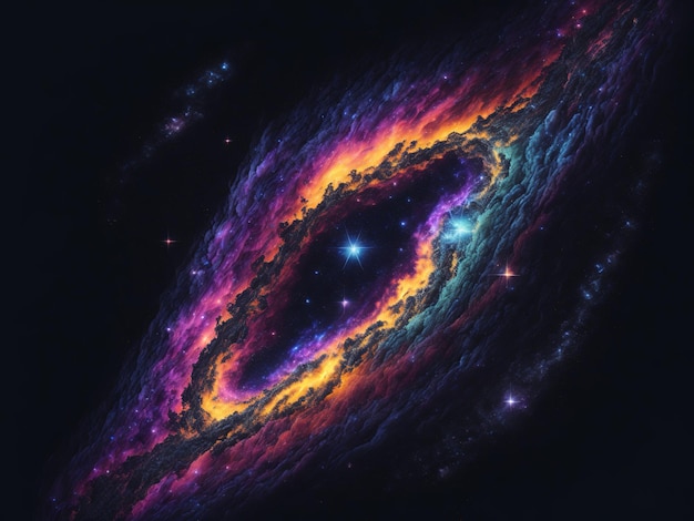 A colorful galaxy with a black hole in the center.