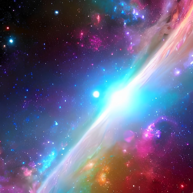 A colorful galaxy with a blue and pink background and a blue nebula in the center.