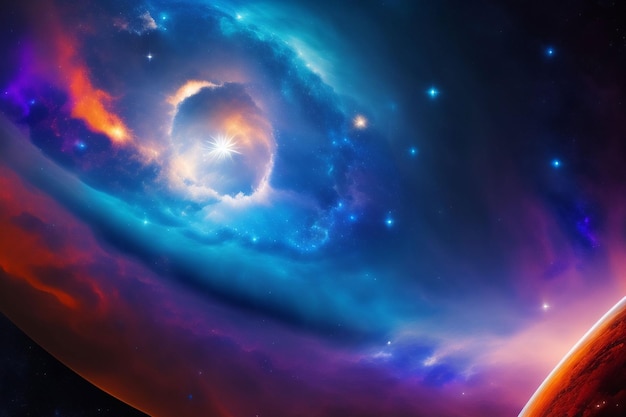 A colorful galaxy with a blue and purple background