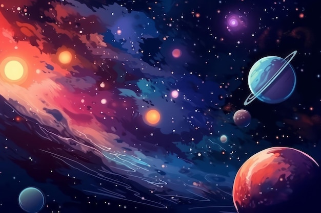 A colorful galaxy with planets and stars space background illustration