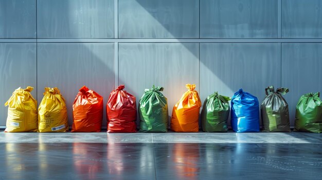 Colorful garbage bags lined up against a modern grey wall