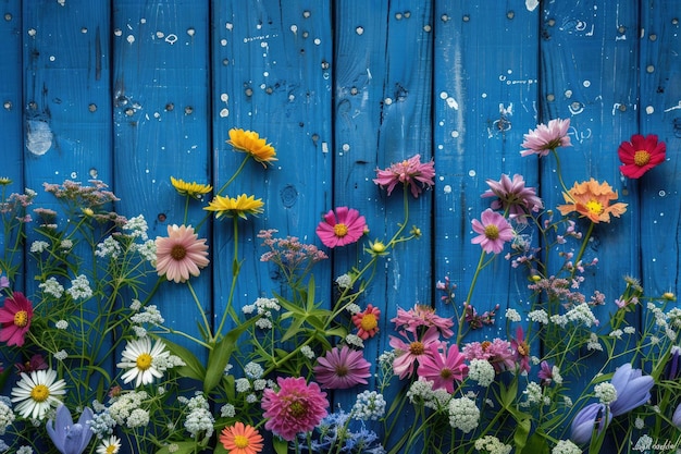 Photo colorful garden flowers on blue wooden table with copy space