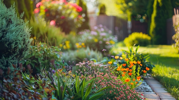 Colorful garden path in sunlight