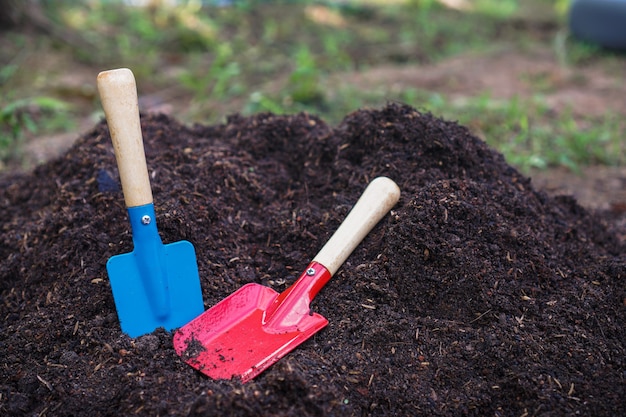 Photo colorful gardening tools in the soil colorful garden accessories