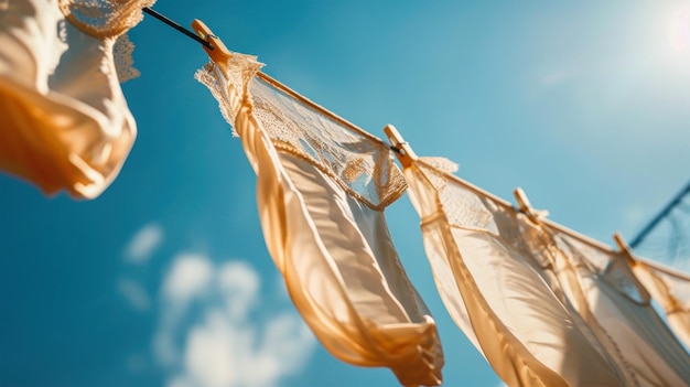 Красочные одежды и белье грациозно качаются на ветру, когда они сушатся на линии для одежды на солнечном заднем дворе